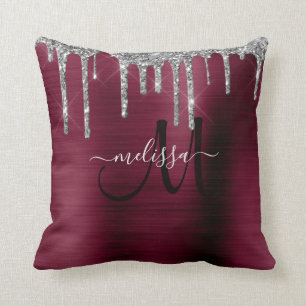 Chic Maroon Dripping Glitter Brush Metal Monogram Cushion