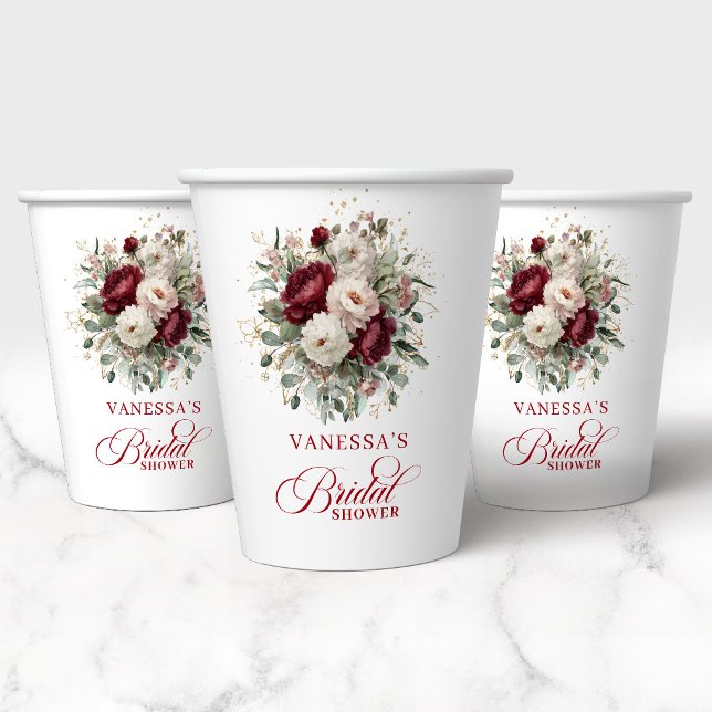 Chic Maroon Floral Bridal Shower Paper Cups (Chic Maroon Floral Bridal Shower Paper Cups)