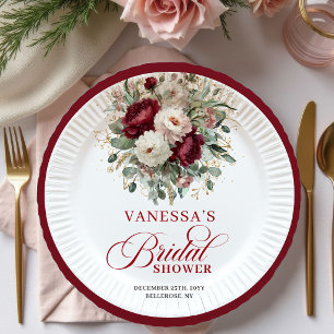 Chic Maroon Floral Bridal Shower Paper Plates
