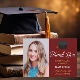 Chic Maroon Gold Graduation Photo 2025 Graduate Thank You Card
