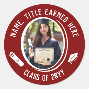 Chic Maroon Graduation Photo, Cap, Tassel, Diploma Classic Round Sticker