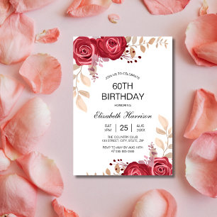 Chic Maroon Rose Floral Greenery Birthday Invitation
