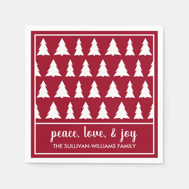 Chic Maroon White Tree Pattern Name Holiday Party Napkin (Front)