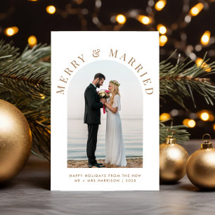 Chic Married Merry Arch Photo White Gold Christmas Holiday Card