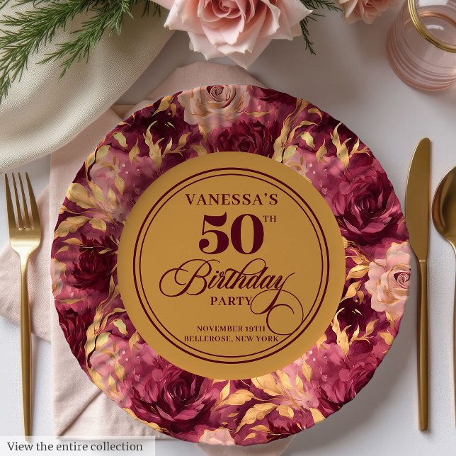 Chic Marsala Blush Gold Flowers 50th Birthday  Paper Plate (Chic Marsala Blush Gold Flowers 50th Birthday Paper Plates)