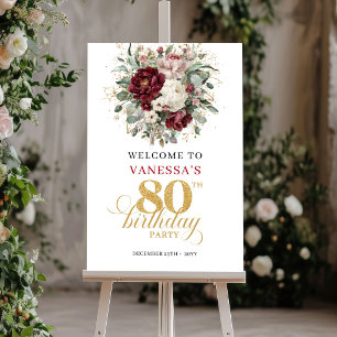 Chic Marsala Floral 80th Birthday Welcome Poster