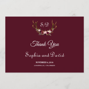 Chic Marsala Floral Antlers Wedding Thank you Card
