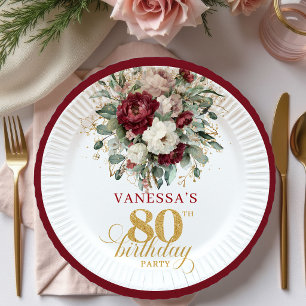 Chic Marsala Floral Gold 80th Birthday Paper Plate