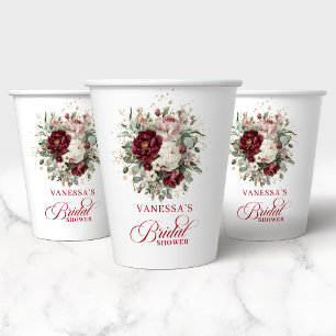 Chic Marsala Floral Gold Bridal Shower Paper Cups