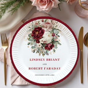 Chic Marsala Floral Greenery Gold Wedding Plates