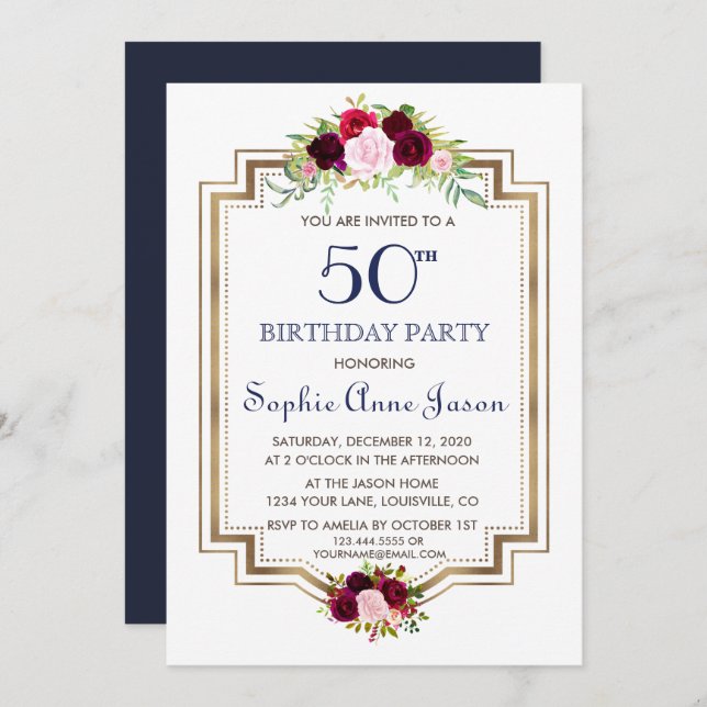 Chic Marsala Floral Navy Blue Gold 50th Birthday Invitation (Front/Back)