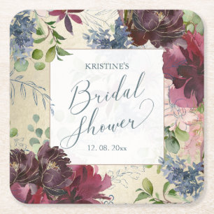 Chic Marsala Floral Watercolor Gold Bridal Shower Square Paper Coaster
