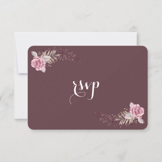 Chic Marsala Maroon Boho Floral Wedding RSVP Card (Front)