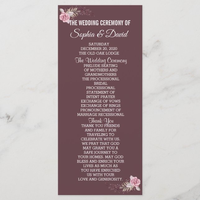 Chic Marsala Maroon Floral Watercolor Program (Front)