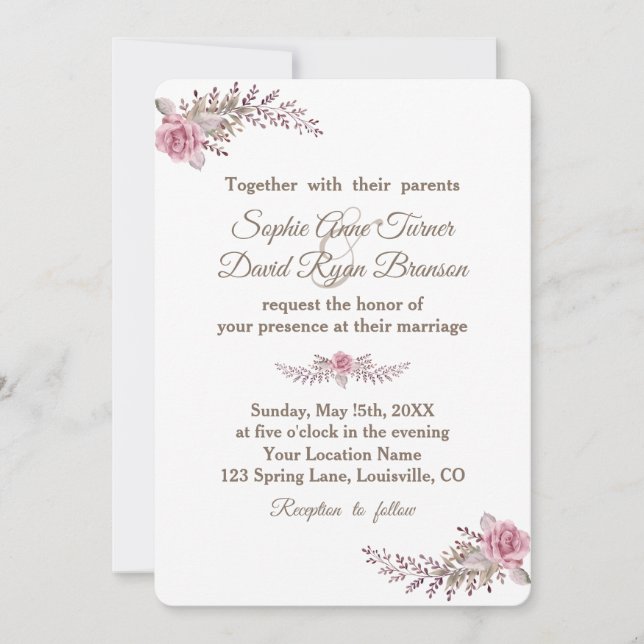 Chic Marsala Maroon Floral Watercolor Wedding Invitation (Front)