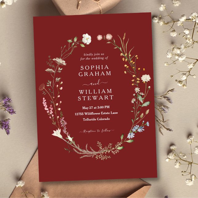 Chic Marsala Watercolor Wildflower Theme Wedding Invitation (Creator Uploaded)