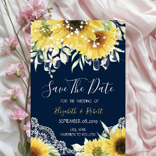 Chic Mason Jar, Lace,Sunflowers Navy Blue Save The Date