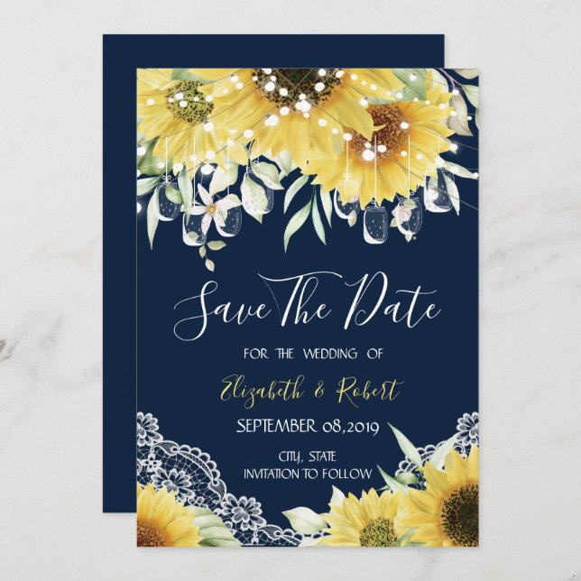 Chic Mason Jar, Lace,Sunflowers Navy Blue Save The Date (Front/Back)