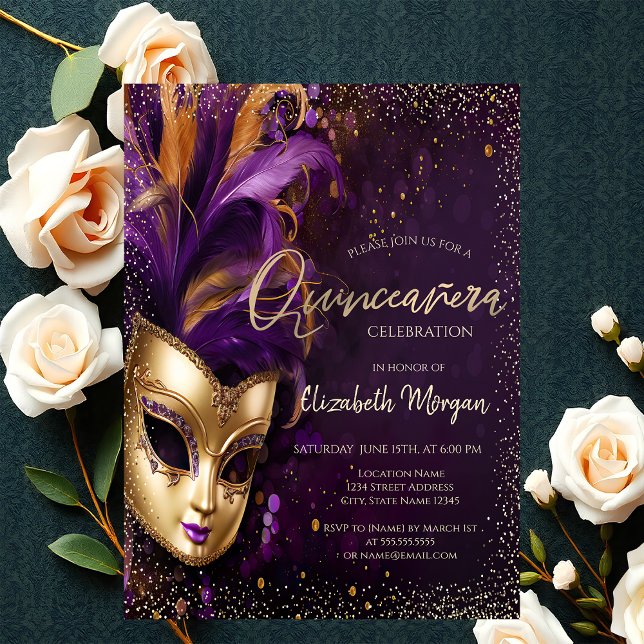 Chic Masque,Confetti Purple Quinceañera Invitation (Creator Uploaded)