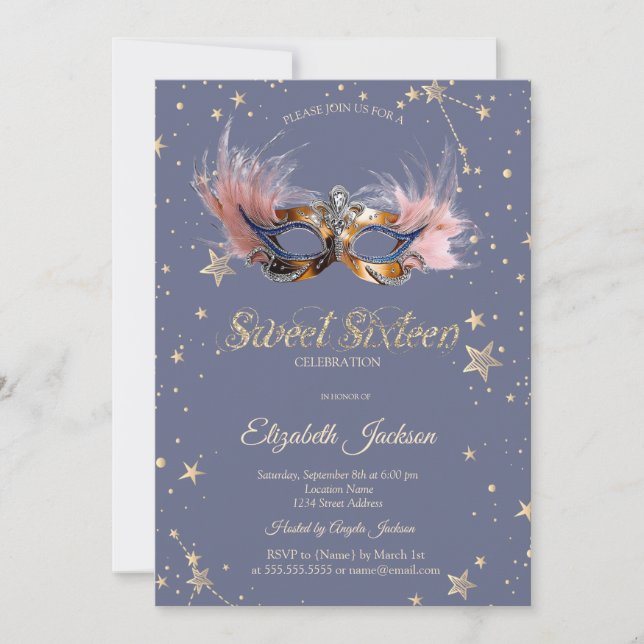 Chic Masque Stars Pastel Lavender Sweet 16 Invitation (Front)