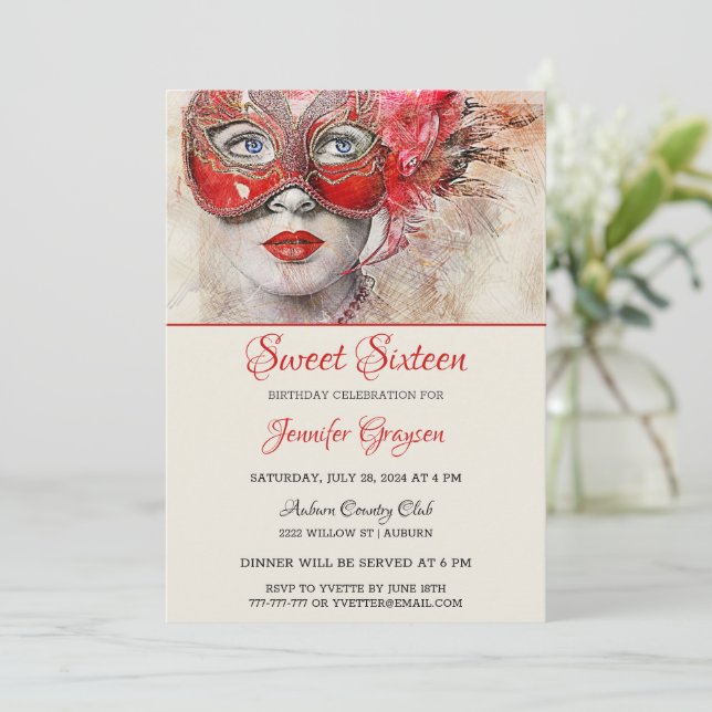 Chic Masquerade Ball Birthday Invitation (Standing Front)