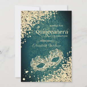 Chic  Masquerade diamond luxury Quinceañera green Invitation