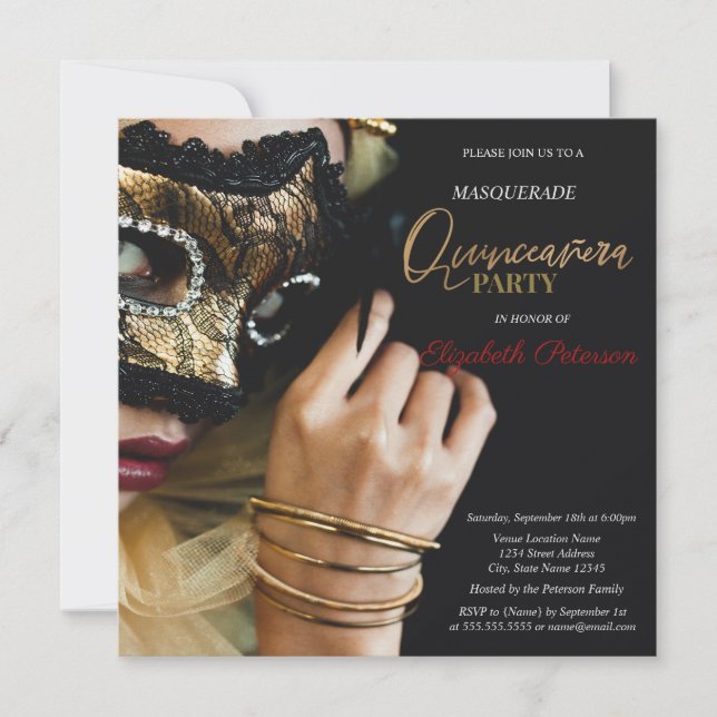 Chic Masquerade Girl Masque Black Quinceanera Invitation (Front)