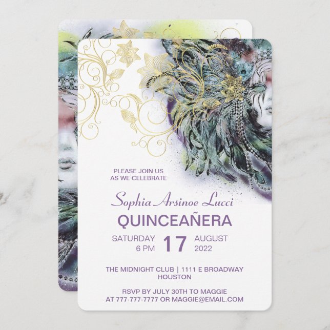 Chic Masquerade Gold Quinceañera Party Invitation (Front/Back)