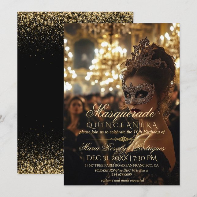 Chic Masquerade gold Quinceanera Photo Invitation (Front/Back)