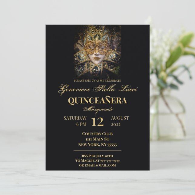 Chic Masquerade Quinceañera Party Invitation (Standing Front)