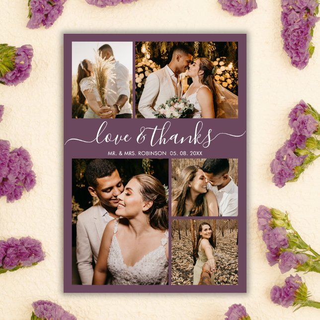 Chic Mauve Love and Thanks Wedding Thank You Postcard (Creator Uploaded)
