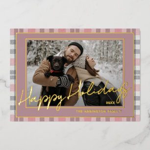 Chic Mauve Pink Grey Plaid Gold Foil Family Photo Holiday Card