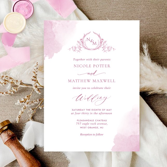Chic Mauve Pink Watercolor Stains Monogram Wedding Invitation (Creator Uploaded)