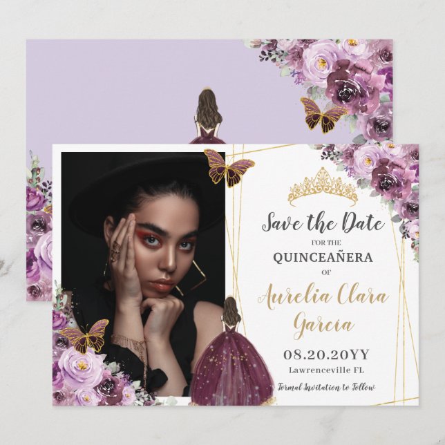 Chic Mauve Plum Purple Floral Quinceañera Photo Sa Save The Date (Front/Back)