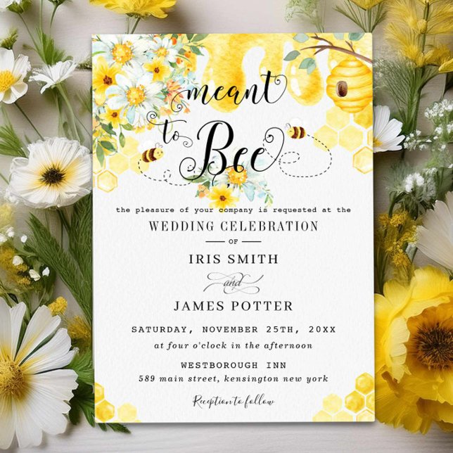 Chic Meant to Bee Yellow Floral Honey Bees Wedding Invitation (Creator Uploaded)