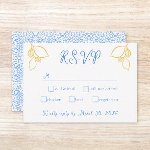 Chic Mediterranean Lemon Blue Tile Italian Wedding RSVP Card