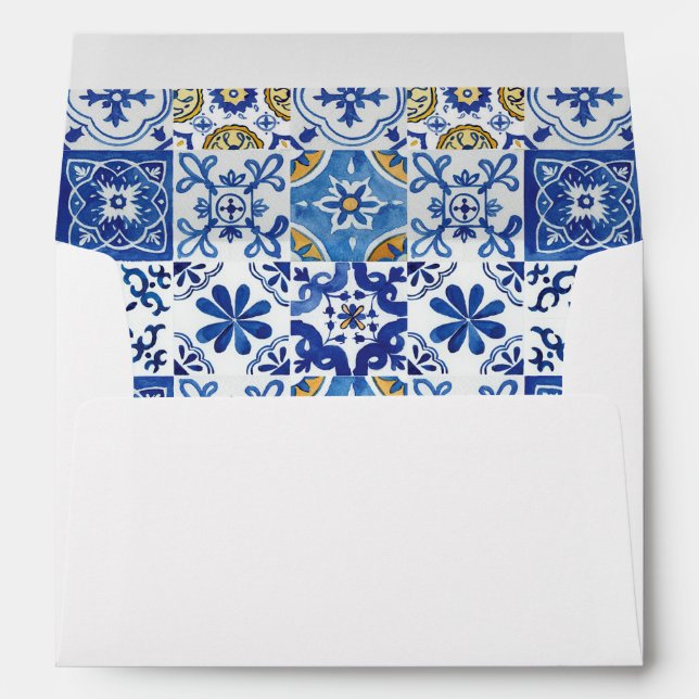 Chic Mediterranean Mosaic Tiles Blue Azure Yellow Envelope (Back (Bottom))