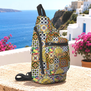 Chic Mediterranean Orange Geometric Tile Monogram Sling Bag