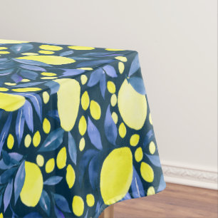 Chic Mediterranean Rustic Lemons Blue Leaf Pattern Tablecloth