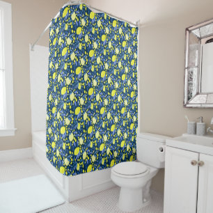 Chic Mediterranean Rustic Lemons Blue Leaf Shower Curtain