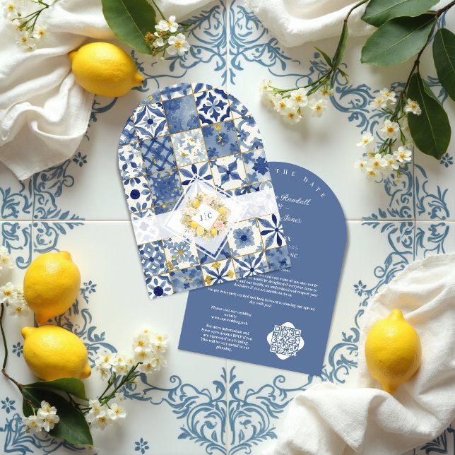 Chic Mediterranean Tiles Monogram Lemons & Flowers Save The Date (Chic Mediterranean Tiles Monogram Lemons & Flowers Wedding Save the Date Cards with Initials.)
