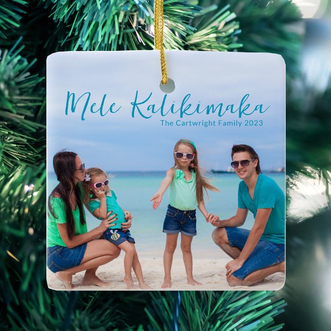 Chic Mele Kalikimaka Family Beach Vacation Photo Ceramic Ornament (Creator Uploaded)