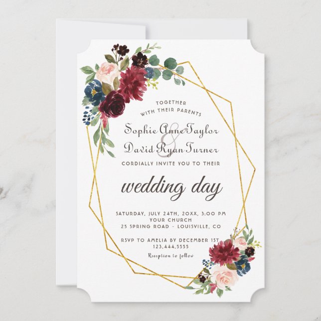 Chic Merlot Navy Blue Floral Gold Frame Wedding Invitation (Front)