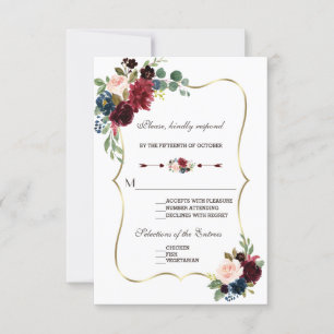 Chic Merlot Navy Blue Floral Wedding RSVP Card