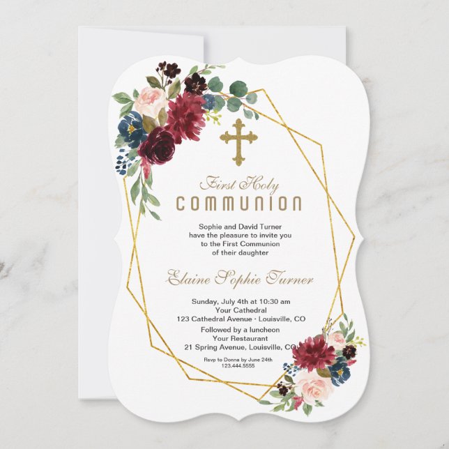 Chic Merlot Navy Floral Gold Frame Holy Communion Invitation (Front)