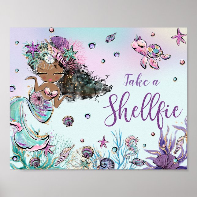 Chic Mermaid Birthday Baby Shower Take a Shellfie Poster (Front)