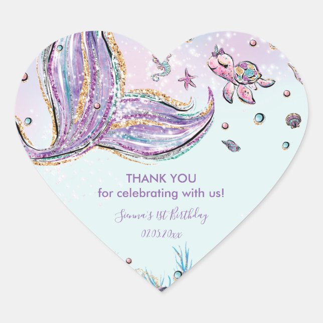 Chic Mermaid Birthday Baby Shower Thank You Favour Heart Sticker (Front)