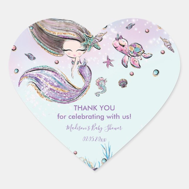Chic Mermaid Birthday Baby Shower Thank You Favour Heart Sticker (Front)