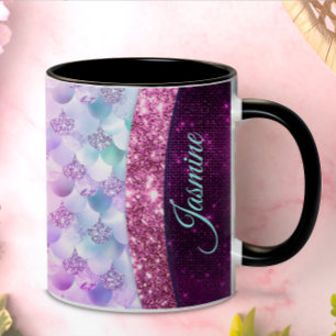 Chic mermaid pink silver faux glitter monogram coffee mug