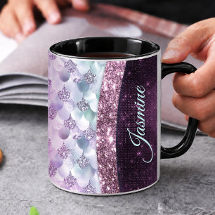 Chic mermaid pink silver faux glitter monogram coffee mug
